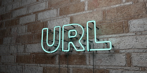 Wall Mural - URL - Glowing Neon Sign on stonework wall - 3D rendered royalty free stock illustration.  Can be used for online banner ads and direct mailers..