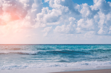 Tropical beach with blue sky and white cloud abstract background.