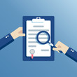 Hands of a businessman holding a contract  or agreement and examined it through a magnifying glass, flat vector design, business concept contract learning