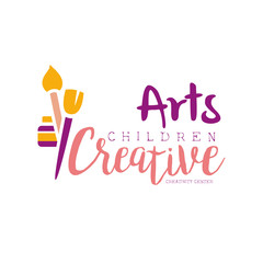 Poster - Kids Creative Class Template Promotional Logo With Paintbrushes And Paint Bottle, Symbols Of Art and Creativity