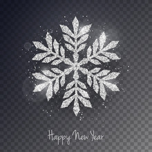 Vector Christmas New Year Greeting Card With Sparkling Glitter Silver Textured Snowflake. Seasonal Holidays Design Element Isolated On Transparent Background