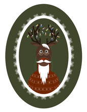Old Deer With A Beard, Mustache, Glasses And Garlands On The Horns In Openwork Frame. Christmas Background