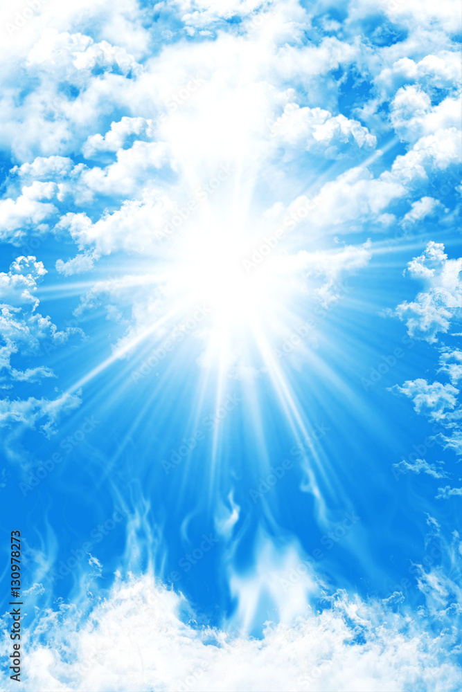 Heaven With Blue Sky Clouds And Sun Light Background Wall Mural