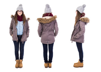 front, back and side view of young woman in winter clothes isola