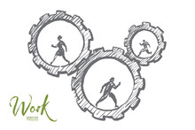 Vector Hand Drawn Work Concept Sketch With Business People Running Inside Of Cogwheels And Lettering