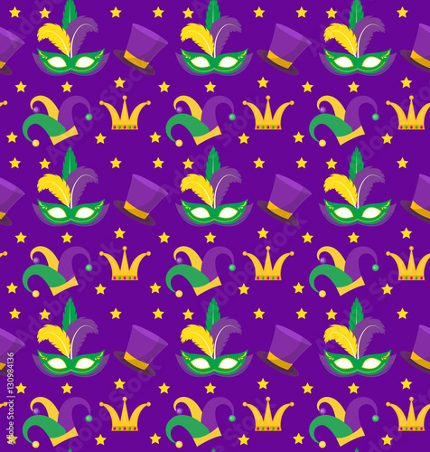 Mardi Gras Carnival seamless pattern with with mask feathers, crown