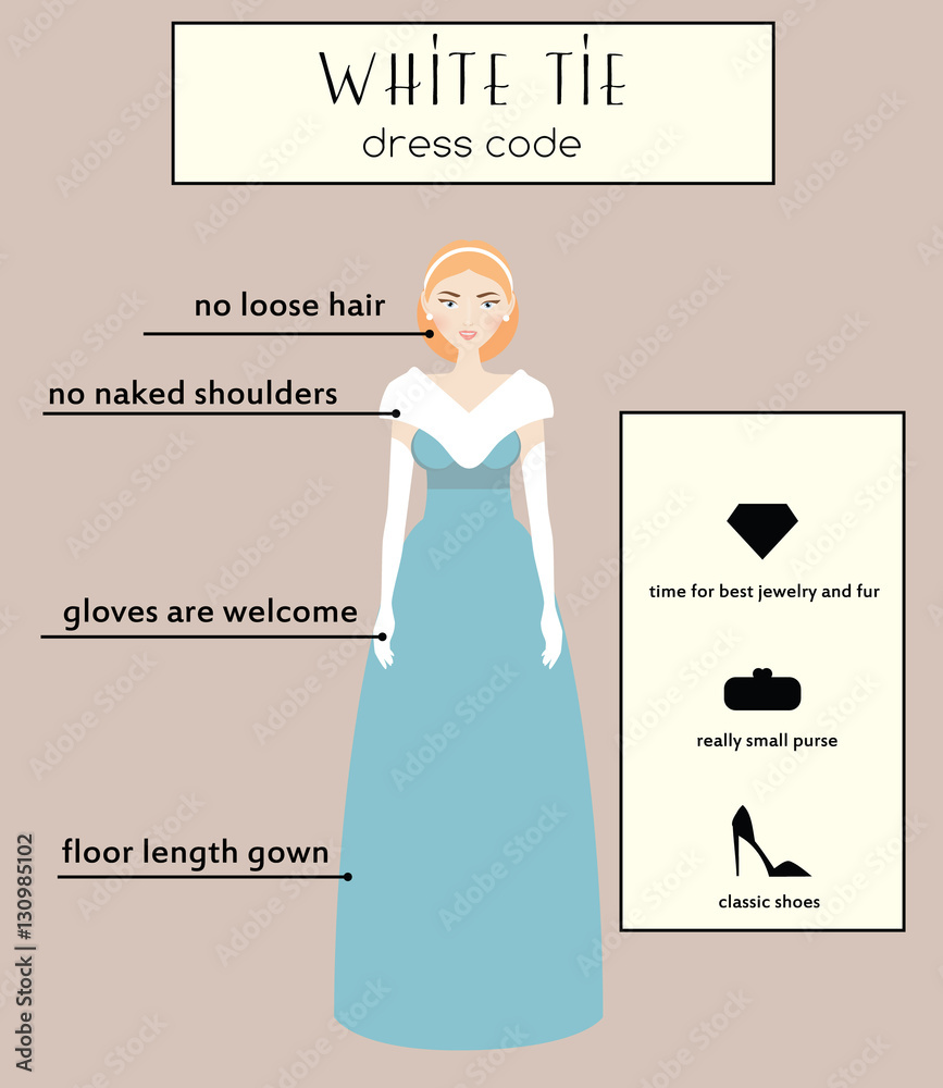 Woman dress code infographic. White tie. Female in evening long gown dress  Stock Vector | Adobe Stock