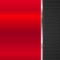 Wall Mural - Background of polished red metal and black metal mesh with polished metal strip. Technological background for garages, auto shops and just creativity