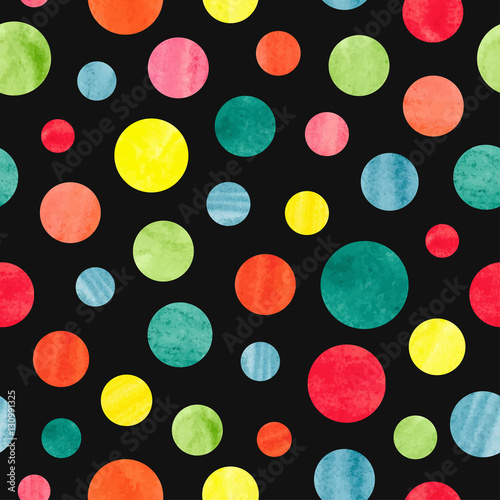 Seamless colorful dots pattern. Vector dark background with watercolor circles.
