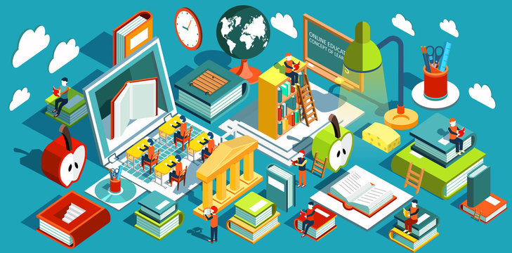Online education Isometric flat design. The concept of learning and reading books in the library and in the classroom. University studies. Illustration
