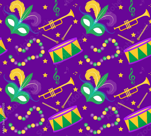 Materiał do szycia Karnawał Mardi Gras bezszwowe wzór maski piór, koraliki. Mardi Gras niekończące się tła, tekstura, tapety. Ilustracja wektorowa