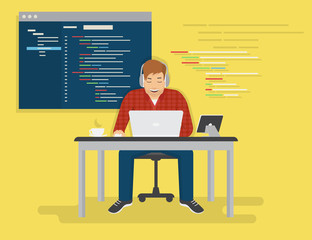 Wall Mural - Programmer is working with laptop. Flat modern illustration of young happy man coding a new project using laptop and tablet pc. Computer window with code behind him isolated on yellow background