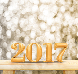 Poster - gold 2017 (3d rendering) new year wood number on wood table with