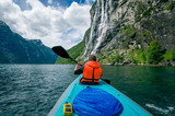Fototapeta  - Woman kayaker at Geirngerfjord, Norway.