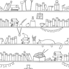 Books, Cat And Other Things On The Shelves. Seamless Pattern
