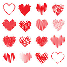 Collection Of Red Scribble Heart Symbols Isolated On A White Background. Vector Illustration