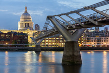 LONDON, ENGLAND - JUNE 17 2016: Night Photo Of Millennium Bridge And  St. Paul Cathedral, London, Great Britain