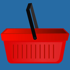 Vector illustration of a red plastic empty shopping basket. Picture, drawing profile. Icon, sign shopping bag, box.