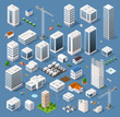 Isometric view of skyscraper office buildings and residential construction area