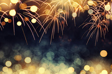 Gold And Dark Blue Fireworks And Bokeh In New Year Eve And Copy Space. Abstract Background Holiday.