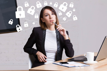 Wall Mural - Business woman thinking about lock web security network. Lock security mark over head.