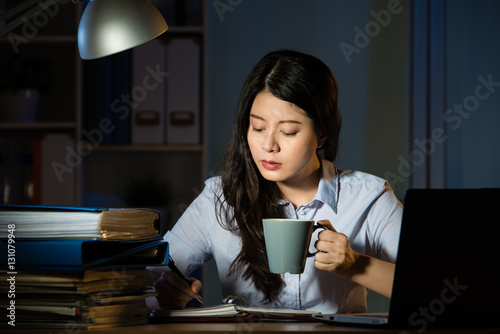 Fotografie, Obraz asian business woman drink coffee working overtime late night