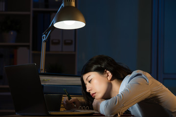 asian business woman sleepy working overtime late night