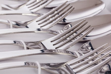 Close Up Macro Detail Of A Flatware Box Set With Forks And Spoons.
