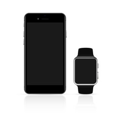 Wall Mural - realistic smartphone and smart watch on white background. blank screen
