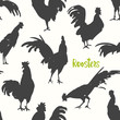 Seamless pattern with silhouette of cock in different poses. Sketch style. Vector illustration. Roosters in black, green and white colors. Brush drawings.