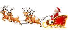 Santa Claus Rides Reindeer Sleigh On Christmas