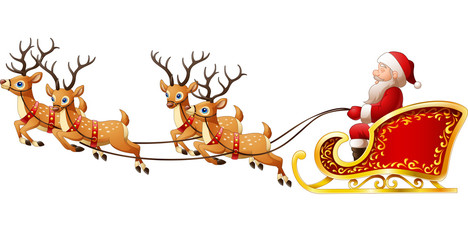 Santa Claus rides reindeer sleigh on Christmas