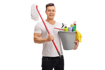 Poster - Young man holding a bucket full of cleaning products and a mop