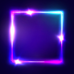 neon sign. square frame with glowing and light. electric bright 3d rectangle banner design on dark b