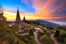 Twin Pagoda In Doi Inthanon National Park With Sunrise And Morni