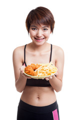 Sticker - Beautiful Asian healthy girl with french fries and fired chicken