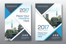 Blue Color Scheme With City Background Business Book Cover Design Template In A4. Easy To Adapt To Brochure, Annual Report, Magazine, Poster, Corporate Presentation, Portfolio, Flyer, Banner, Website.