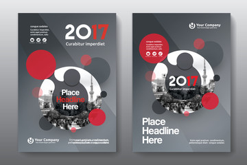 Red Color Scheme with City Background Business Book Cover Design Template in A4. Easy to adapt to Brochure, Annual Report, Magazine, Poster, Corporate Presentation, Portfolio, Flyer, Banner, Website.