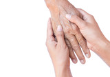 Fototapeta Miasta - Young woman hands holding old woman hands on white background, f