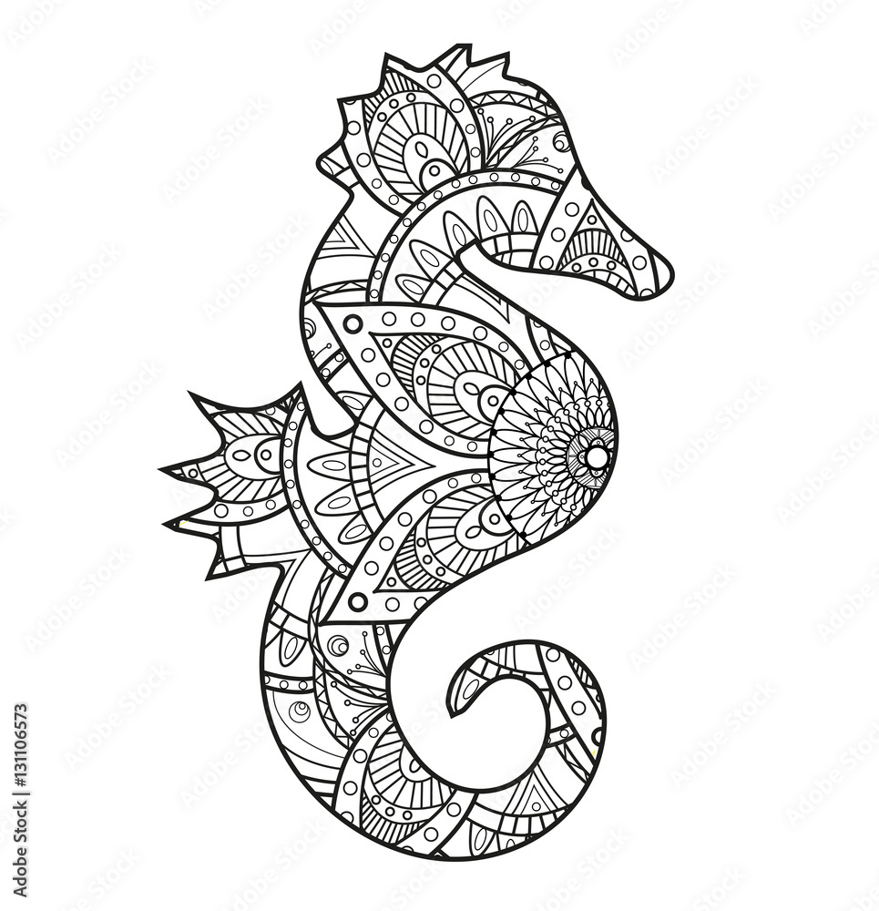 Vector illustration of a black and white seahorse mandala for coloring  book, cavalluccio marino mandala in bianco e nero da colorare vettoriale  Stock Vector | Adobe Stock, image size:965x1000
