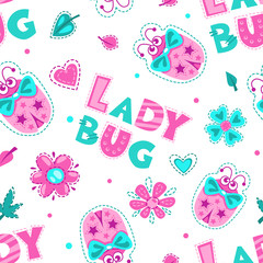 Sticker - Girlish seamless pattern with cute ladybugs