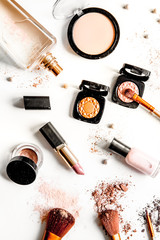 decorative cosmetics nude on white background top view