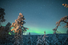 Korouoma Nature Reserve, Aurora Borealis Glow In Sky, Posio, Finland