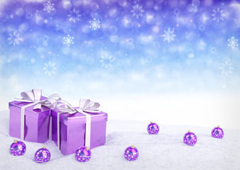 Wall Mural - Christmas gift box and balls on snow.3D render
