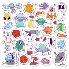 Wall Mural - Solar system astronomy icons stickers vector set.