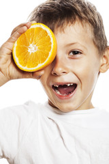 little cute boy with orange fruit double isolated on white smili