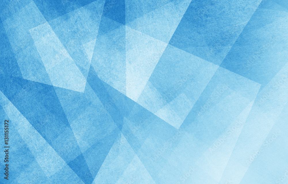 modern abstract blue background design with layers of textured white transparent material in triangle diamond and squares shapes in random geometric pattern - obrazy, fototapety, plakaty 
