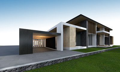 Fototapete - 3D rendering of tropical house with clipping path.
