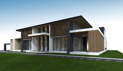 Fototapete - 3D rendering of tropical house with clipping path.