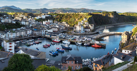 Beautiful view of coastal Asturias sea traditional fisher village Luarca in Spain, Europe. Gorgeous panorama of nature typical famous touristic summer coastside maritime destination.